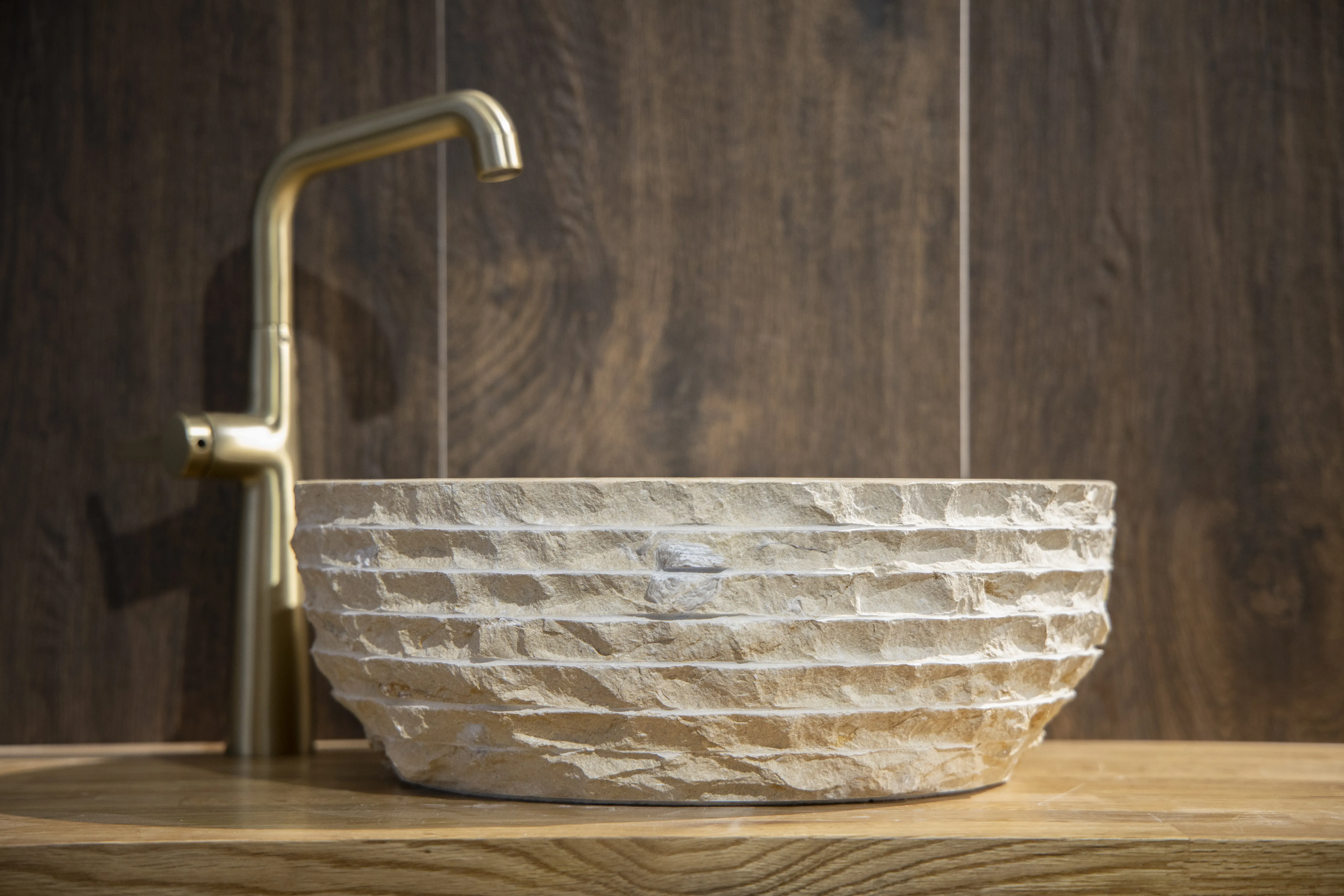 Grooved Round Natural Stone Vessel Sink